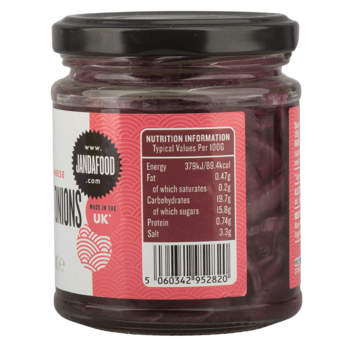 Jar of Vietnamese pickled onions showcasing the nutiritonal content label on a white background