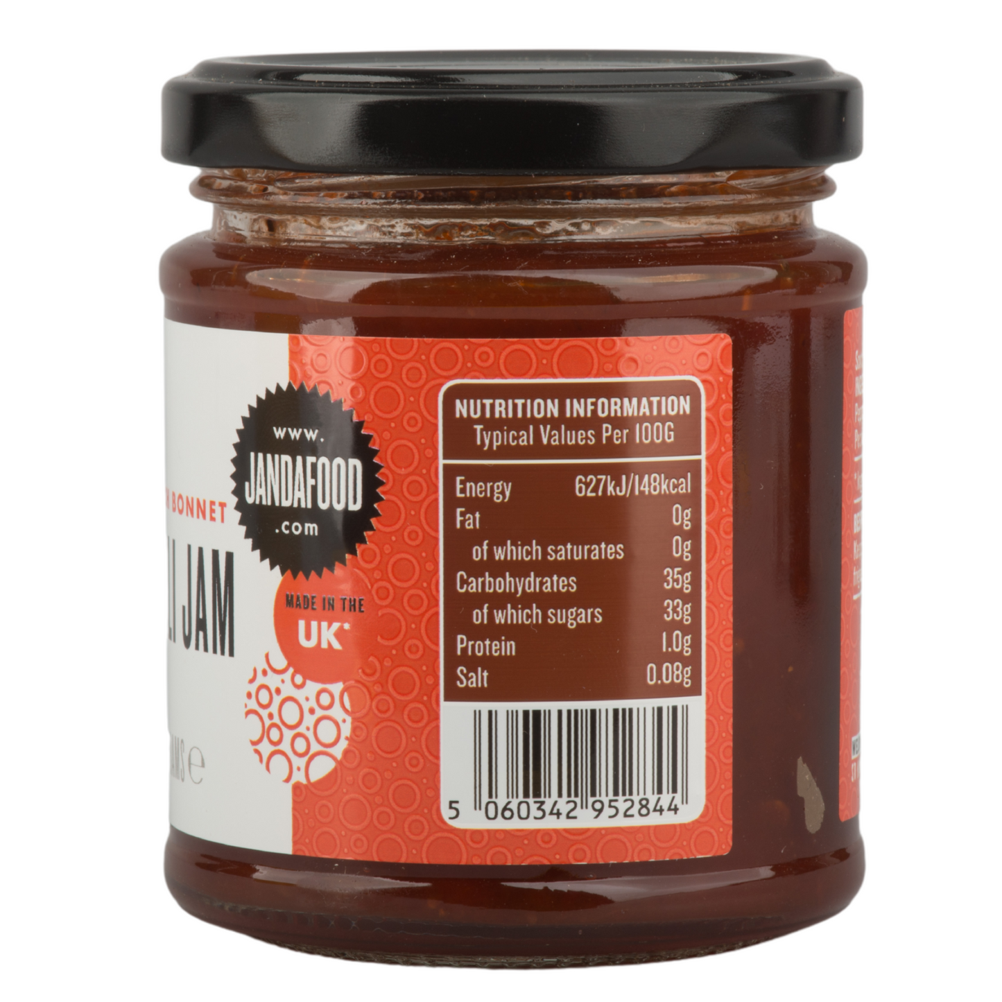 Jar of J&A Scotch bonnet chilli jam with a nutiritonal label on a white background