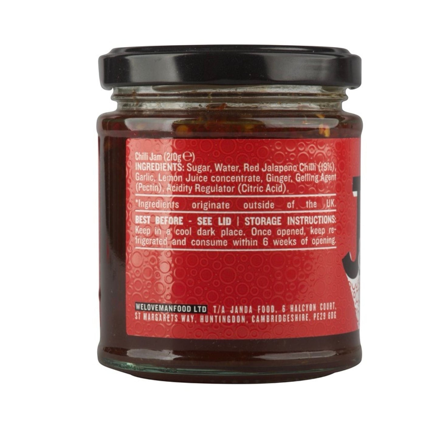 Janda Food Chilli Jam jar showing the red label with ingredients and storage instructions on a white background