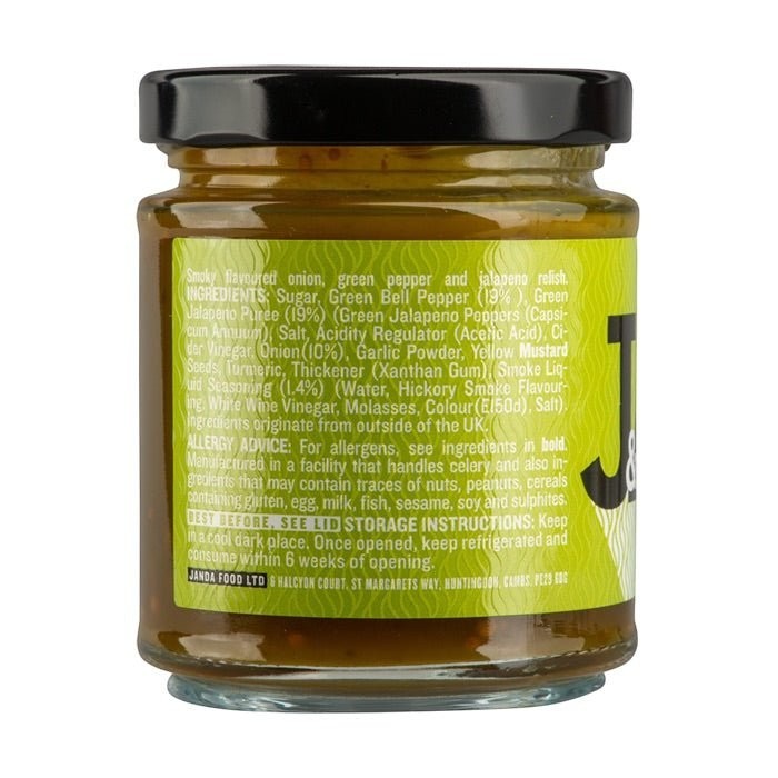 Janda Food Smoky Jalapeno Relish jar showing ingredients list and nutritional information on the green label