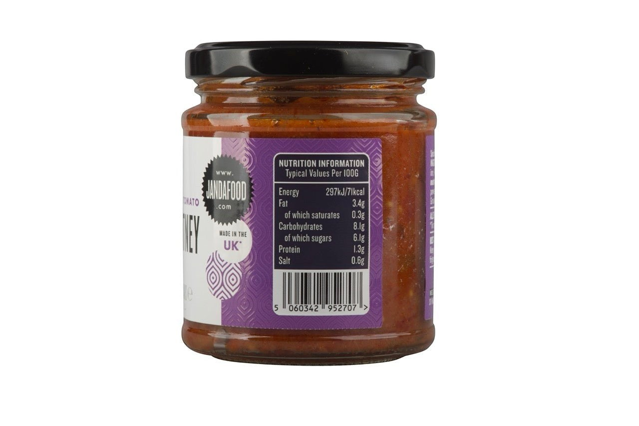 Janda Food spiced tomato chutney jar showing nutrition information label and Made in the UK branding