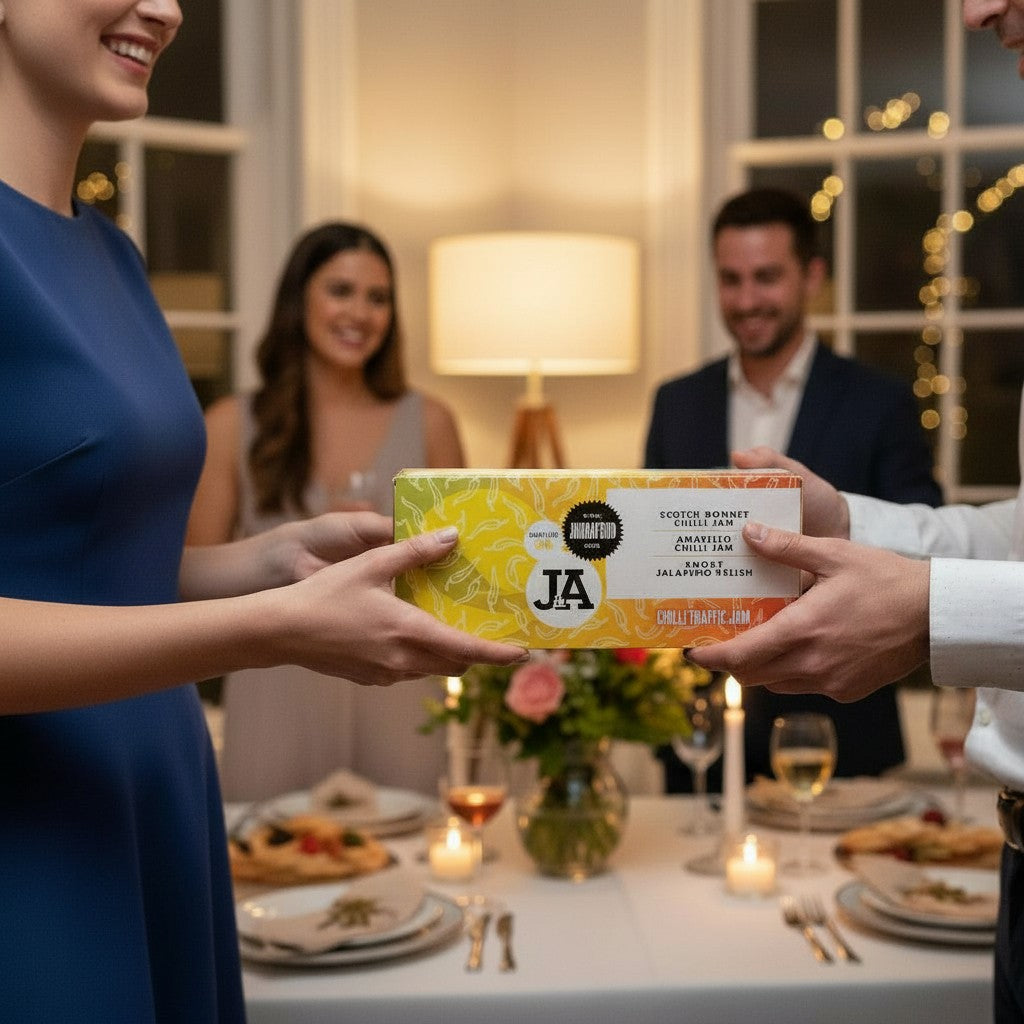 Two people exchanging a gift box of J&A Chilli Jams at a dinner table with friends in the background.