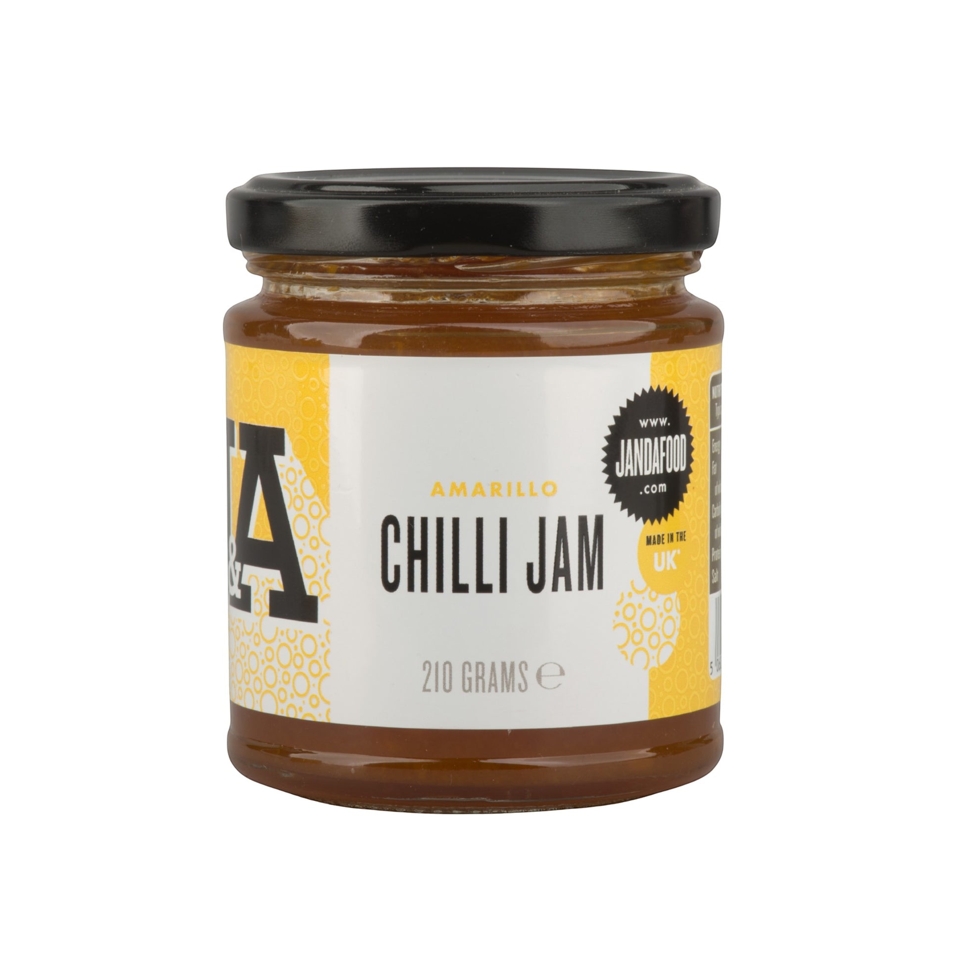 Janda Food Amarillo Chilli Jam in a glass jar with a black lid, featuring a yellow and white label.