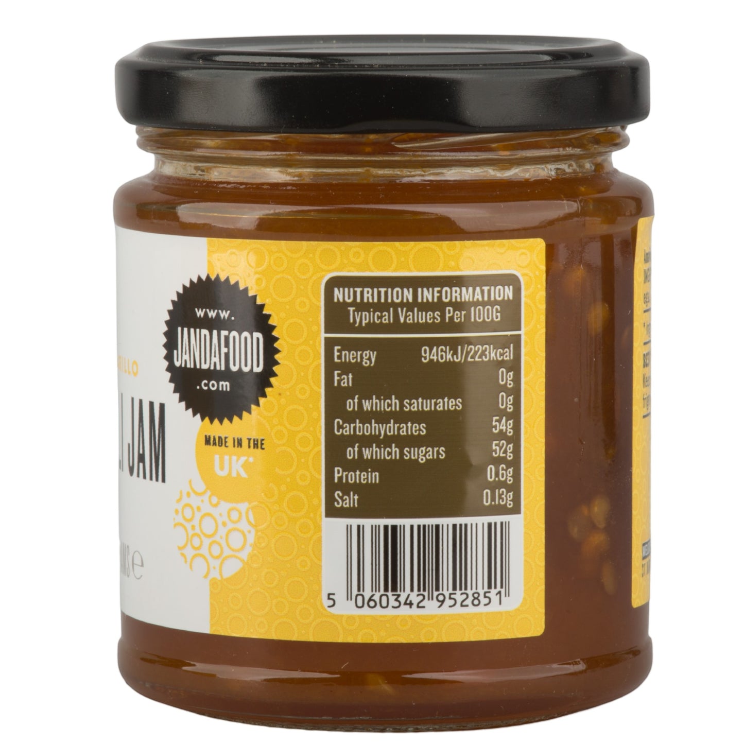 Janda Food Amarillo Yellow Chilli Jam jar showing nutrition information label and barcode on a white background