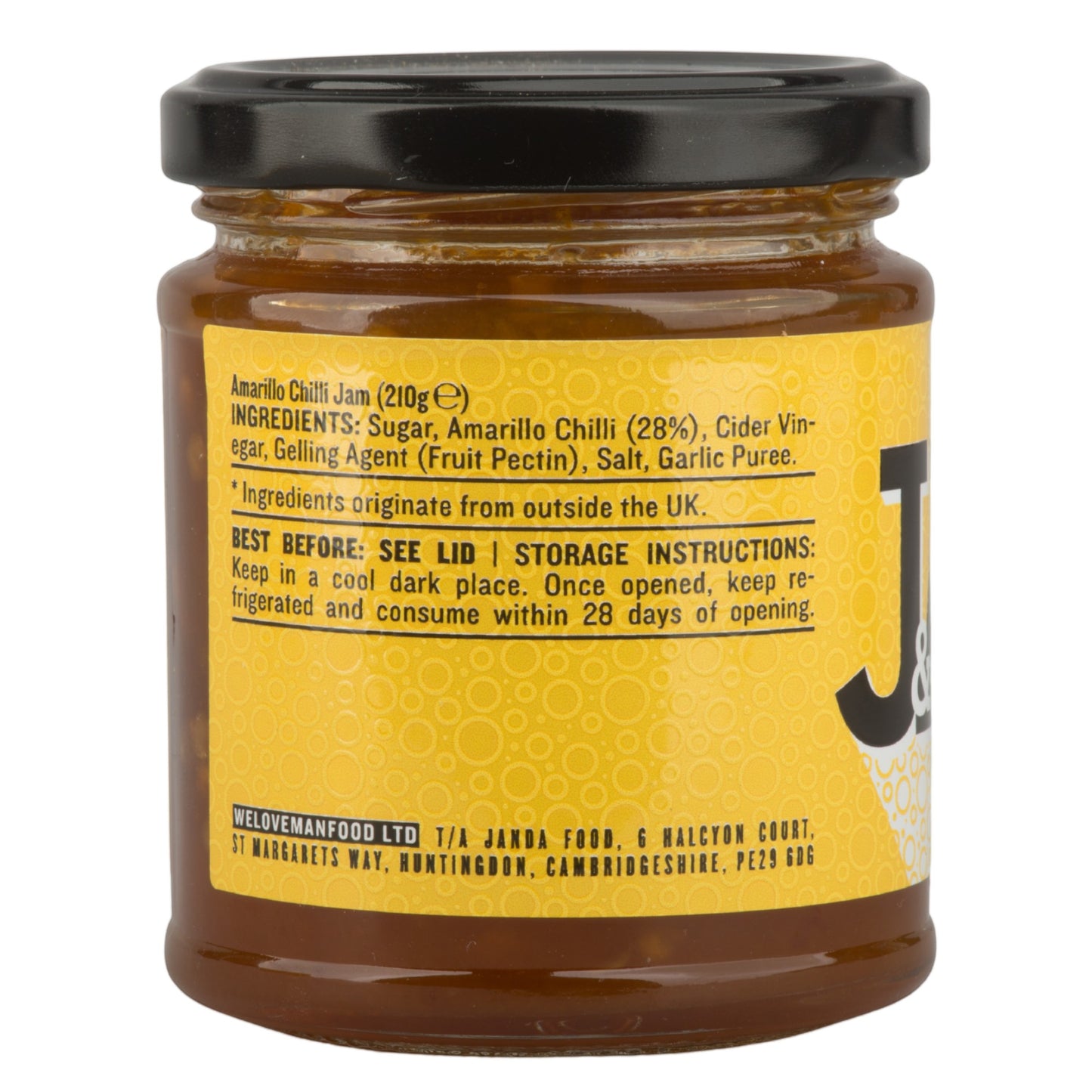 Janda Food Amarillo Yellow Chilli Jam jar showing ingredients and nutritional information on a yellow label