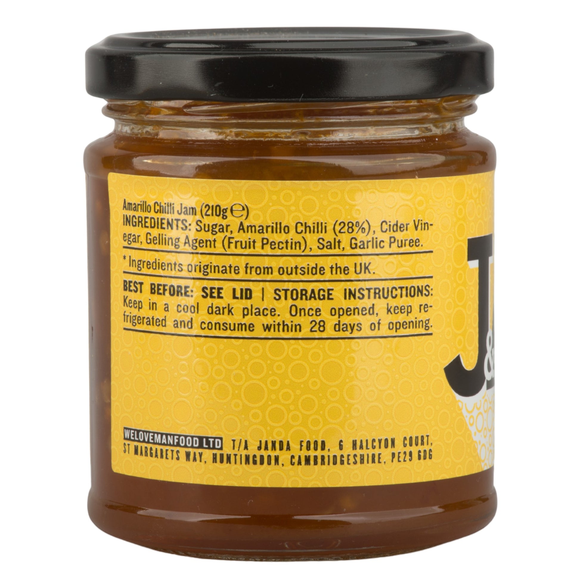 Janda Food Amarillo Yellow Chilli Jam jar showing ingredients and nutritional information on a yellow label