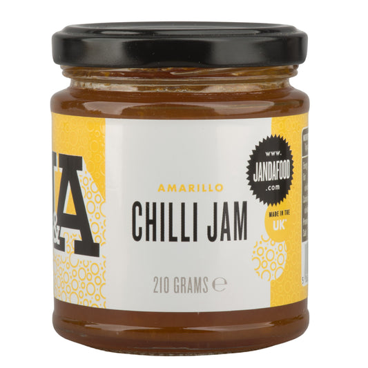 Janda Food Amarillo Yellow Chilli Jam in a 210g glass jar with a black lid, featuring a vibrant yellow label.