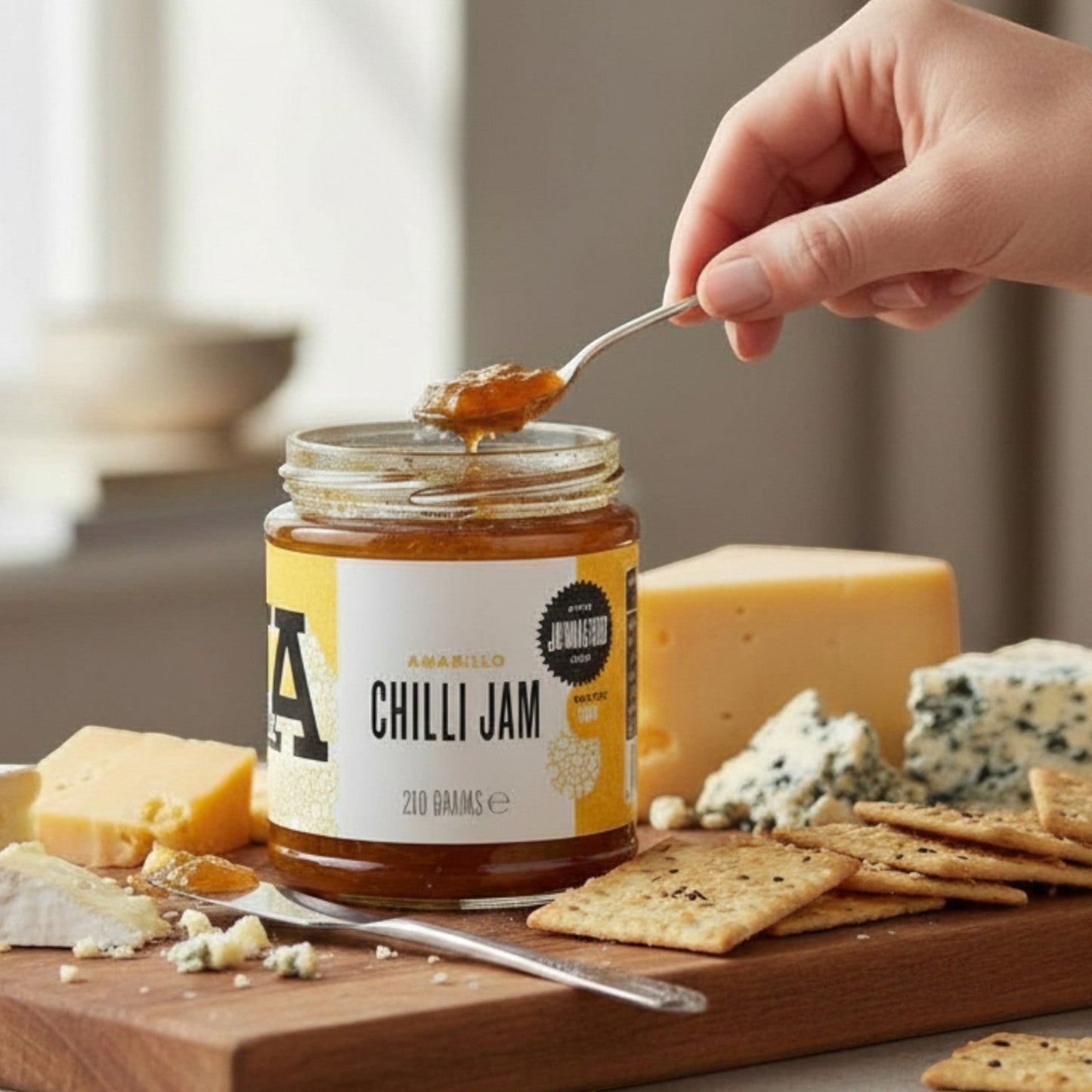 Janda Food Amarillo yellow chilli jam in a glass jar with a spoon, served on a wooden board with cheese and crackers.