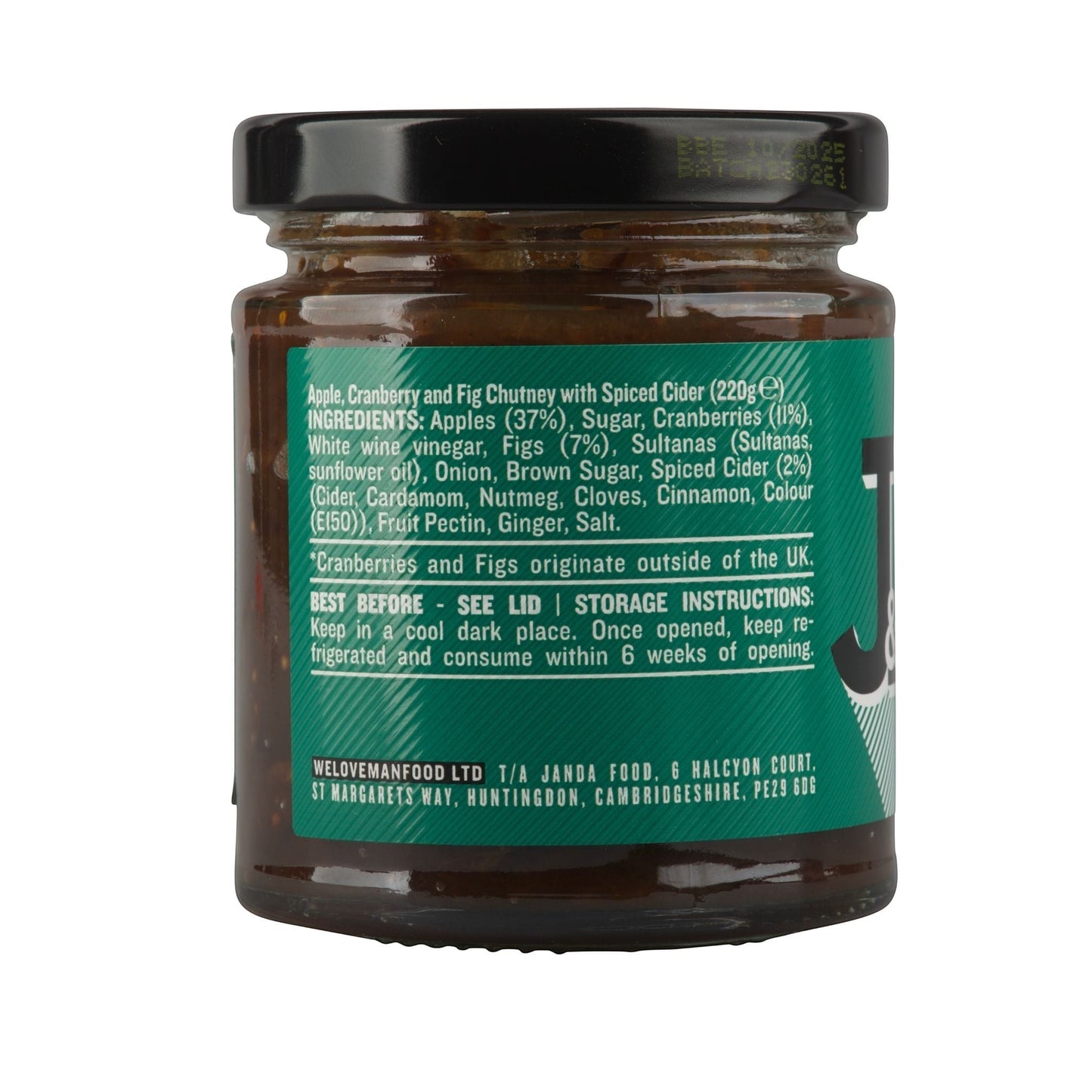 Janda Food Boxing Day Chutney jar showing ingredients list including apples, cranberries, figs, and spiced cider