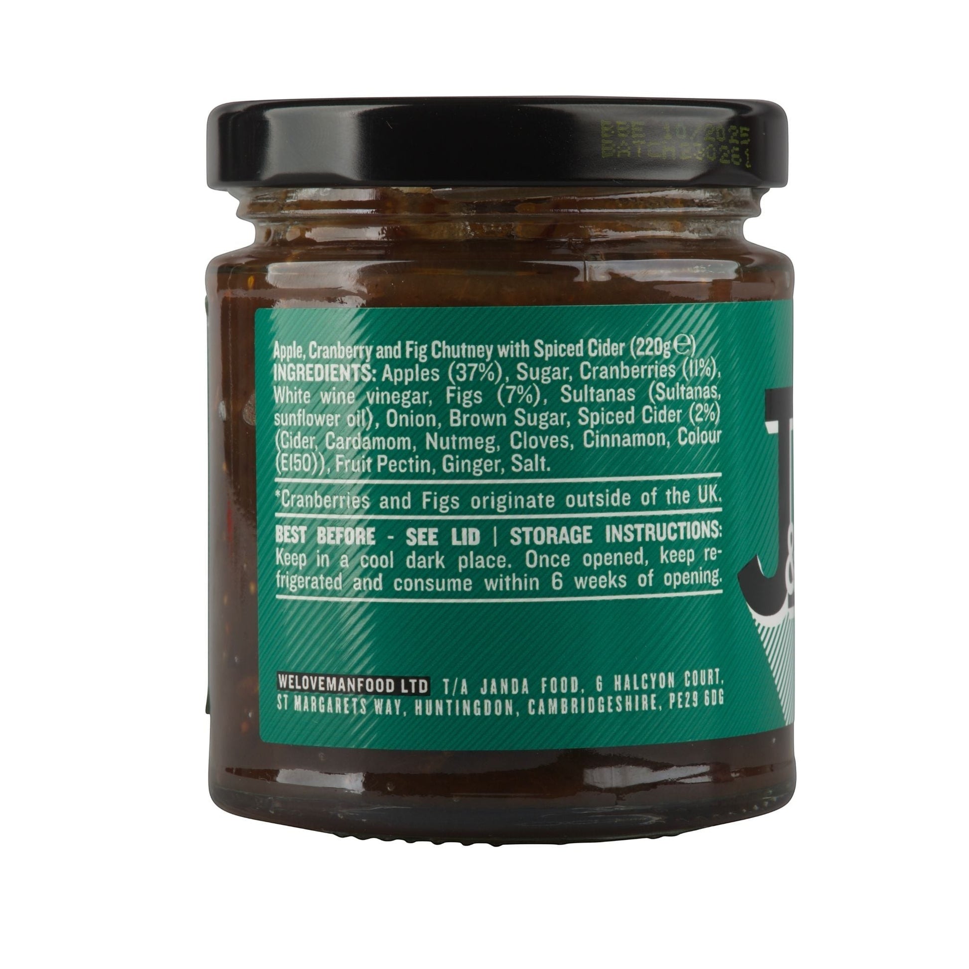 Janda Food Boxing Day Chutney jar showing ingredients list including apples, cranberries, figs, and spiced cider