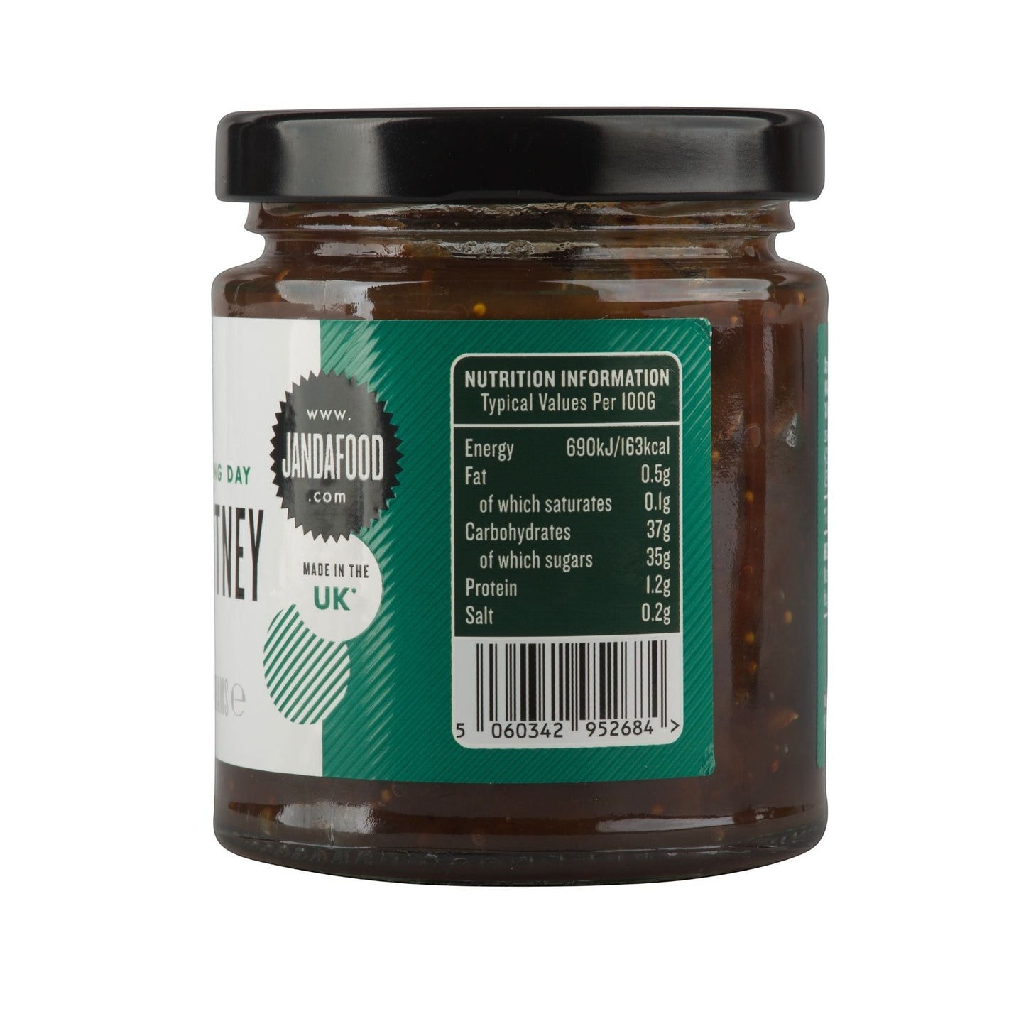 Janda Food Boxing Day Chutney jar showing nutrition information label with apples, cranberries, and figs ingredients