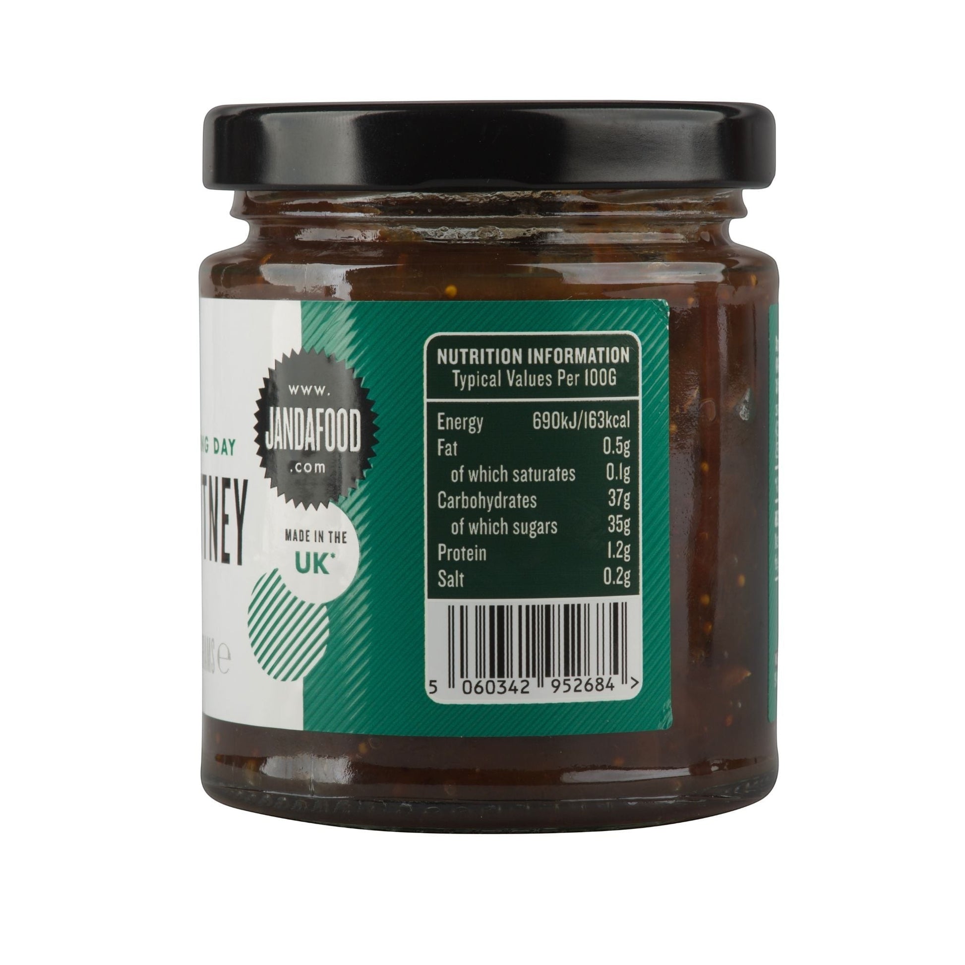 Janda Food Boxing Day Chutney jar showing nutrition information label with apples, cranberries, and figs ingredients