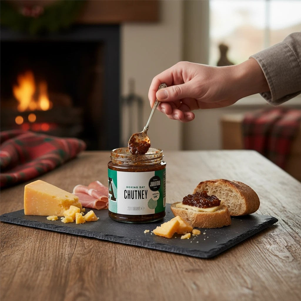Janda Food Boxing Day Chutney served on a slate board with cheddar cheese, ham, and bread by a cozy fireplace.