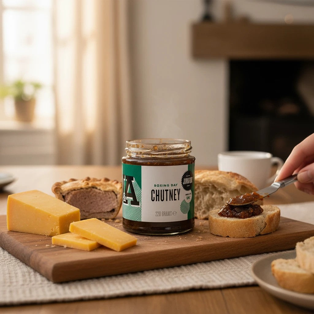 Janda Food Boxing Day Chutney in a glass jar served on a wooden board with cheese, bread, and a meat pie