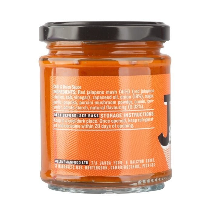 Janda Food vegan Buffalo Sauce in a glass jar showing ingredients and storage instructions on the label