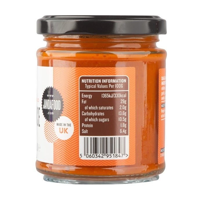 Janda Food vegan Buffalo Sauce in a glass jar showing nutritional information label and UK production details.