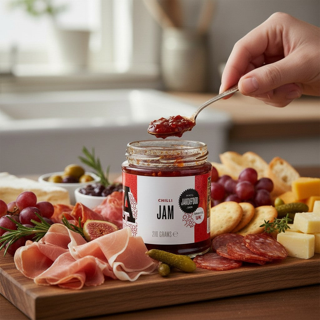 Janda Food Chilli Jam served on a charcuterie board with meats, cheeses, and crackers, with a spoonful being lifted.