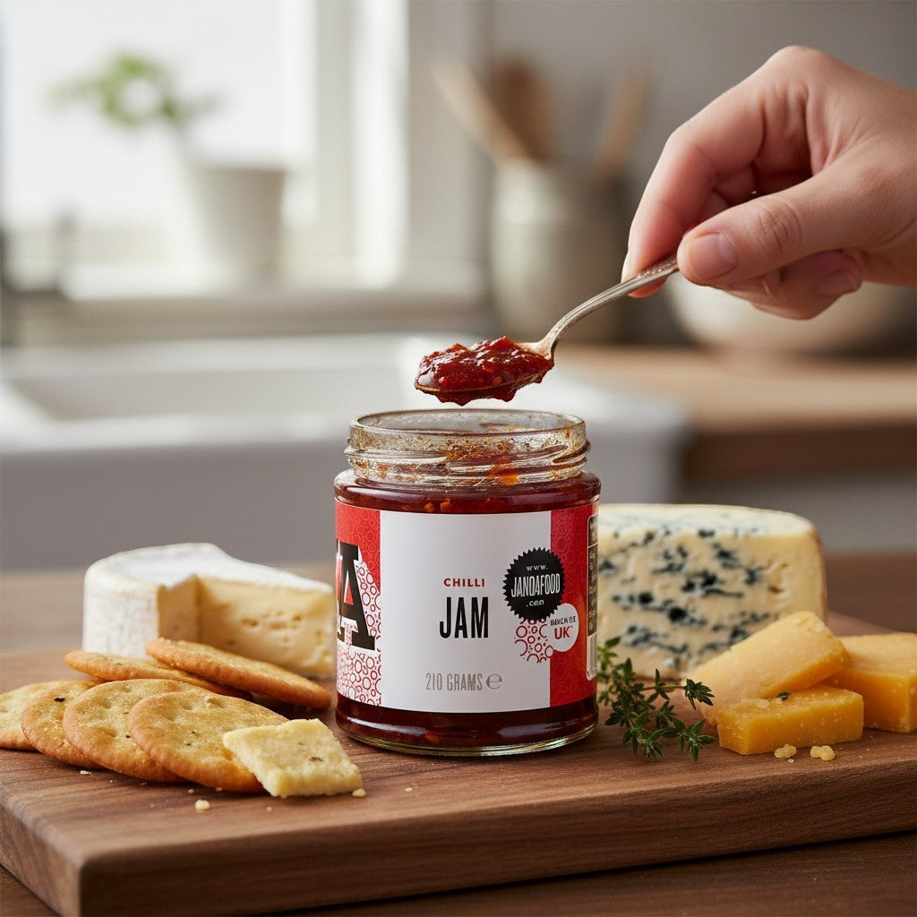 Janda Food handcrafted chilli jam in a glass jar served with crackers and assorted cheeses on a wooden board