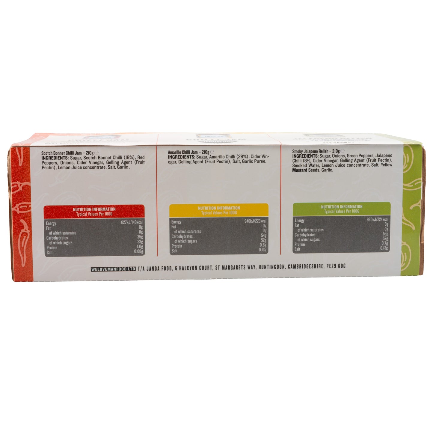 Janda Food Traffic Chilli Jam Gift Box nutritional information and ingredient labels on the back of the packaging.