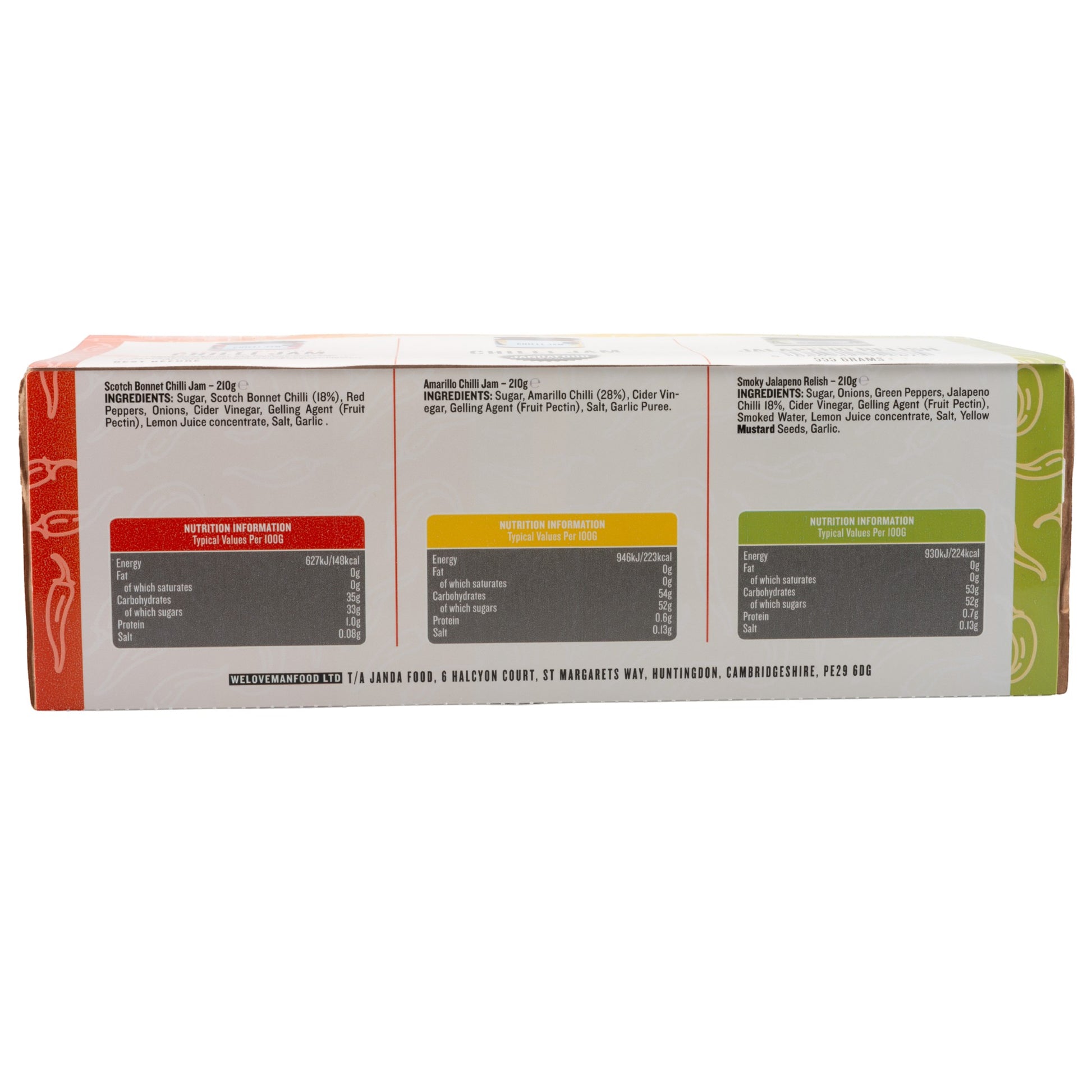 Janda Food Traffic Chilli Jam Gift Box nutritional information and ingredient labels on the back of the packaging.