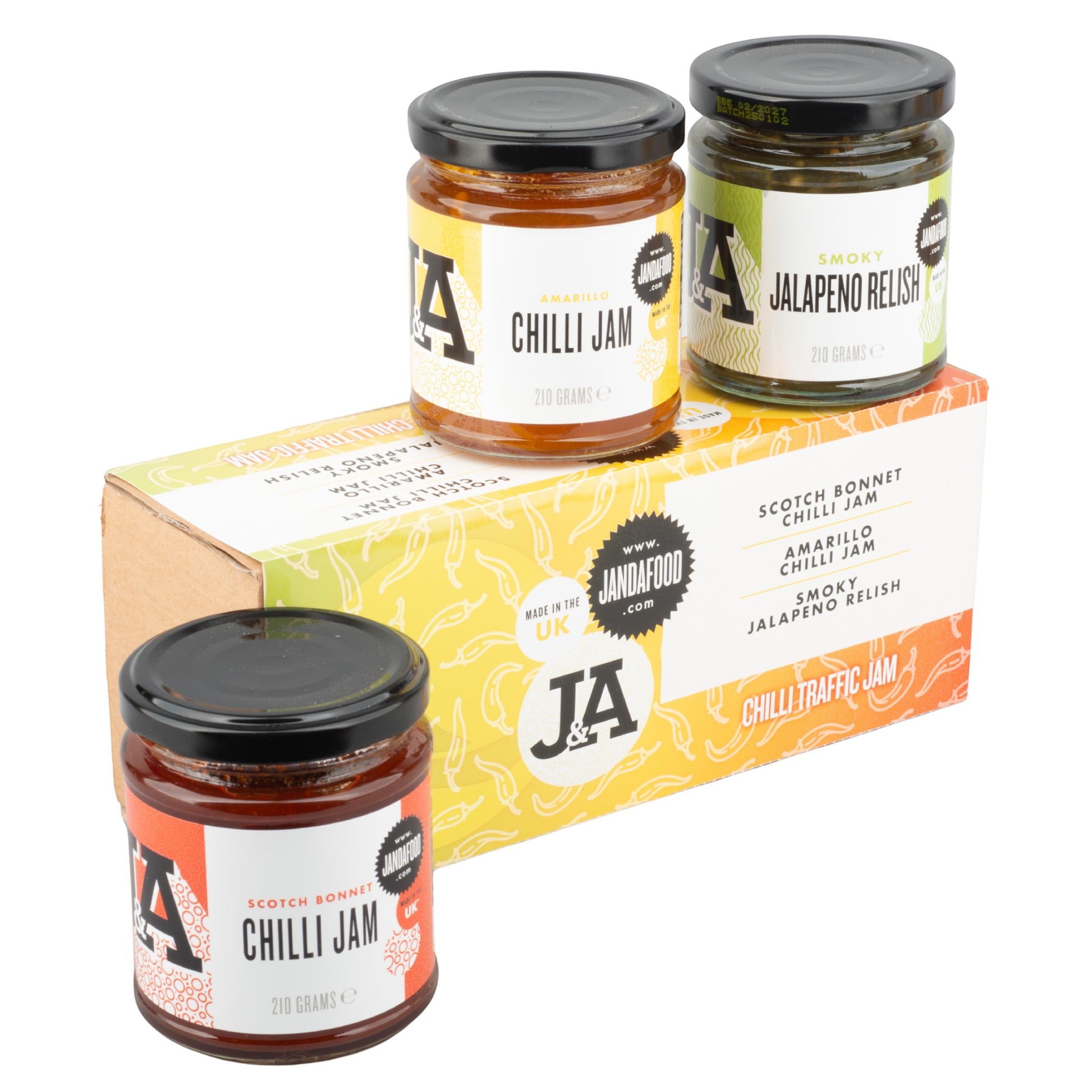 Janda Food Traffic Chilli Jam Gift Box featuring Scotch Bonnet, Amarillo, and Smoky Jalapeno jars in a display box.