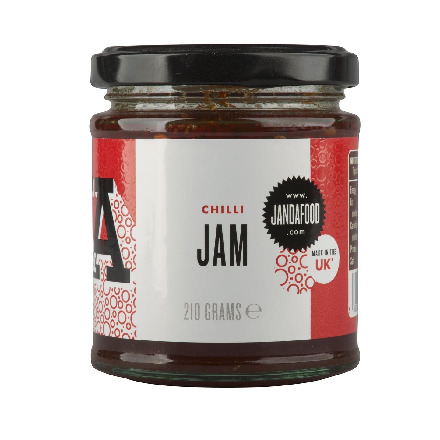 Janda Food Chilli Jam in a glass jar with a black lid and white label featuring red accents and bold text.