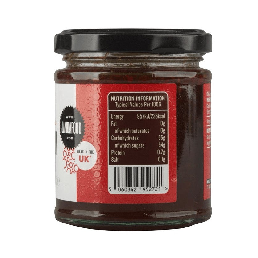 Janda Food Chilli Jam jar showing nutrition information label and Made in the UK branding on a red background