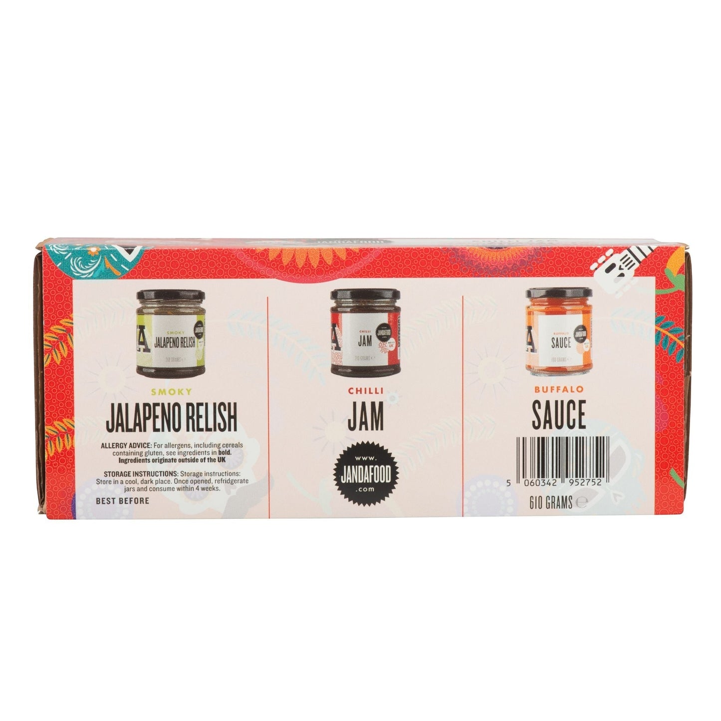 Janda Food Chilli Lover's Trio gift box featuring Smoky Jalapeno Relish, Chilli Jam, and Buffalo Sauce jars.