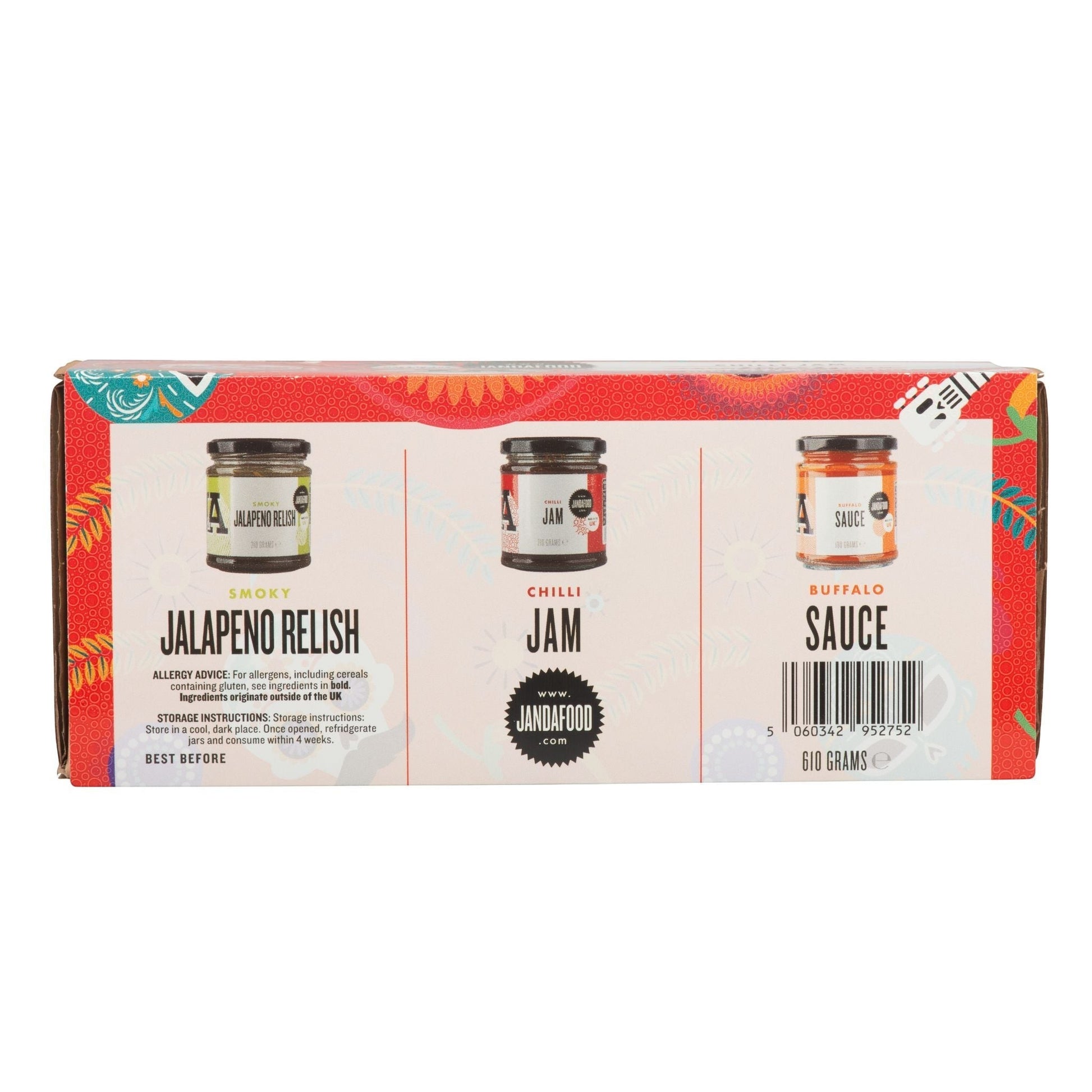 Janda Food Chilli Lover's Trio gift box featuring Smoky Jalapeno Relish, Chilli Jam, and Buffalo Sauce jars.