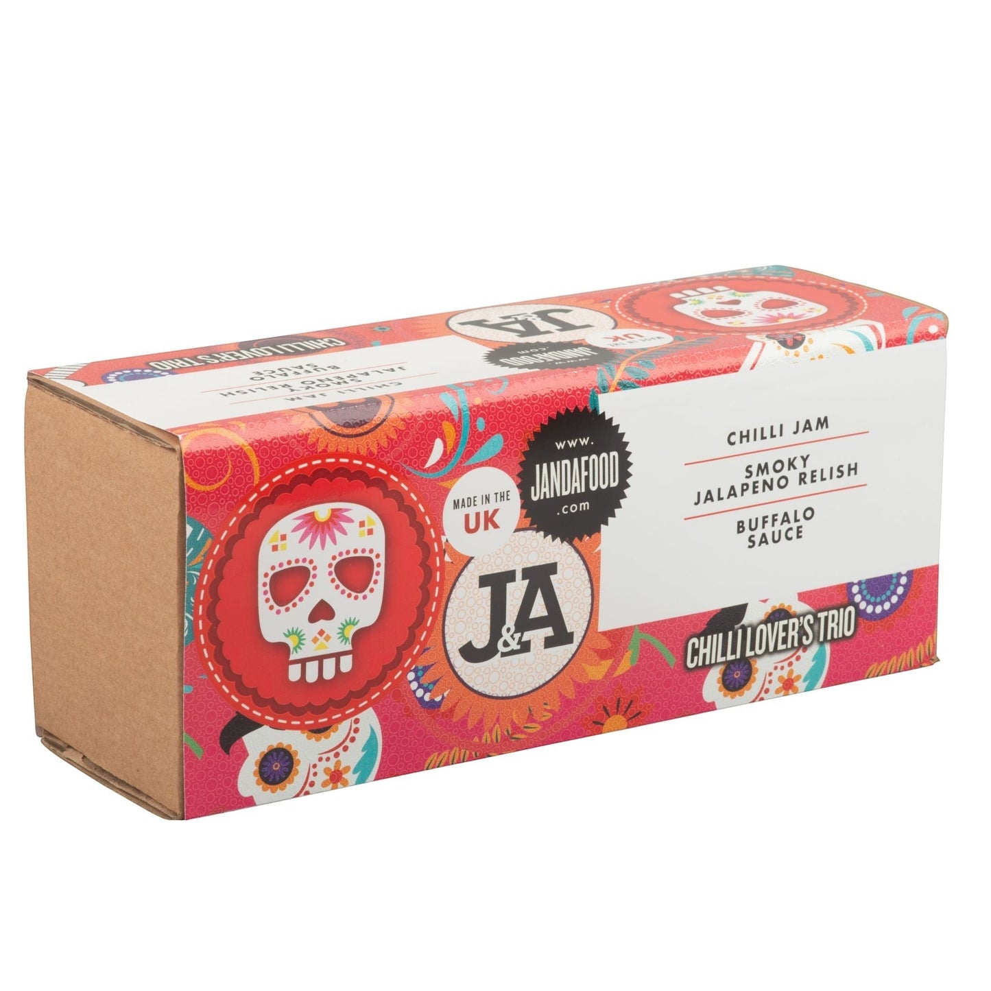 Janda Food Chilli Lover's Trio gift box featuring colourful sugar skull artwork and three spicy condiment labels.