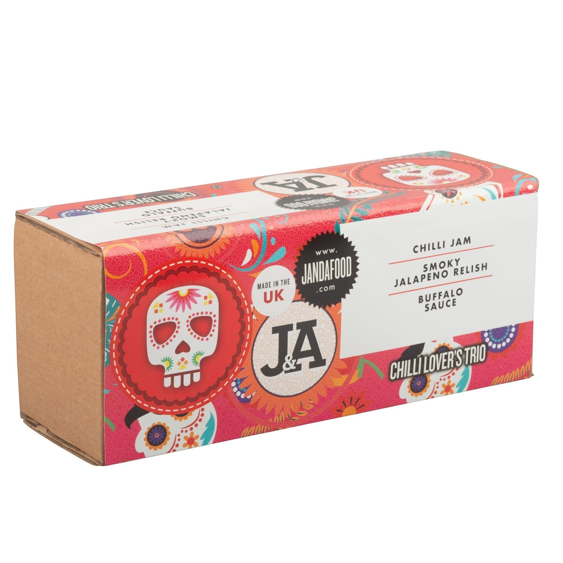 Janda Food Chilli Lover's Trio gift box featuring colourful sugar skull artwork and three spicy condiment labels.