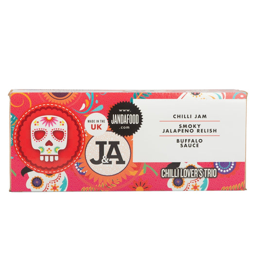 Janda Food Chilli Lover's Trio gift box featuring a vibrant pink sugar skull design and three spicy condiments.