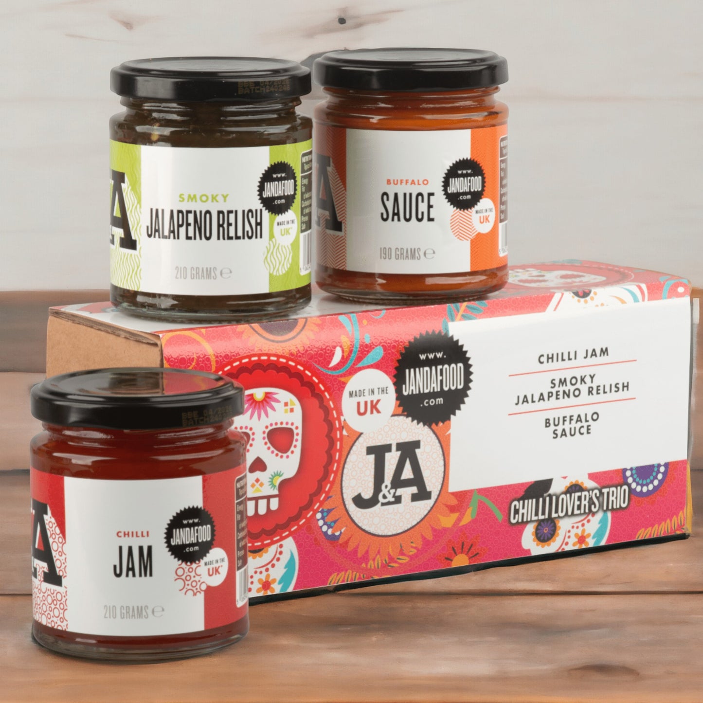Janda Food Chilli Lover's Trio gift box featuring Chilli Jam, Smoky Jalapeno Relish, and Buffalo Sauce glass jars.