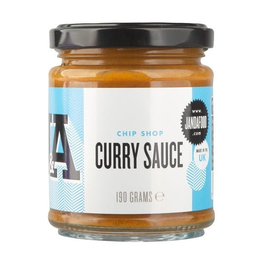 Janda Food Chip Shop Curry Sauce in a glass jar with a white and blue label, made in the UK with natural ingredients.