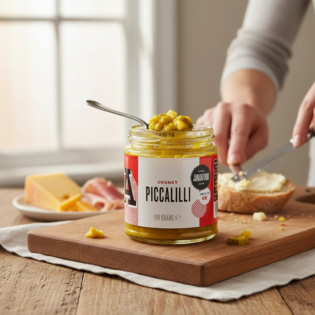 Janda Food Chunky Piccalilli in a glass jar on a wooden board with a spoon, served alongside cheese and bread.