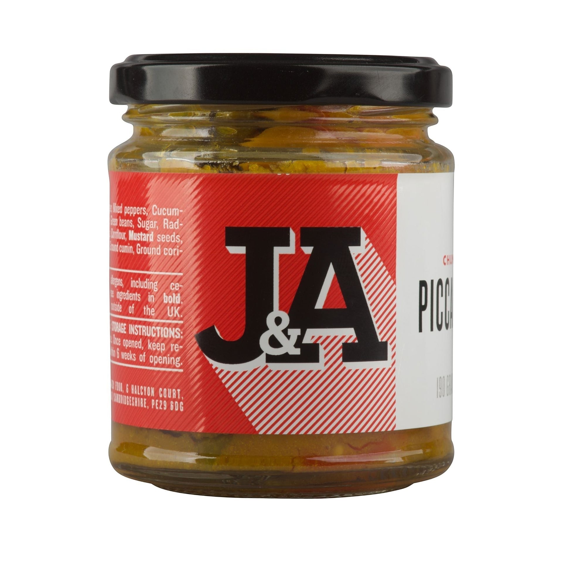 Janda Food chunky piccalilli in a glass jar with a red and white label featuring mixed vegetables and spices.
