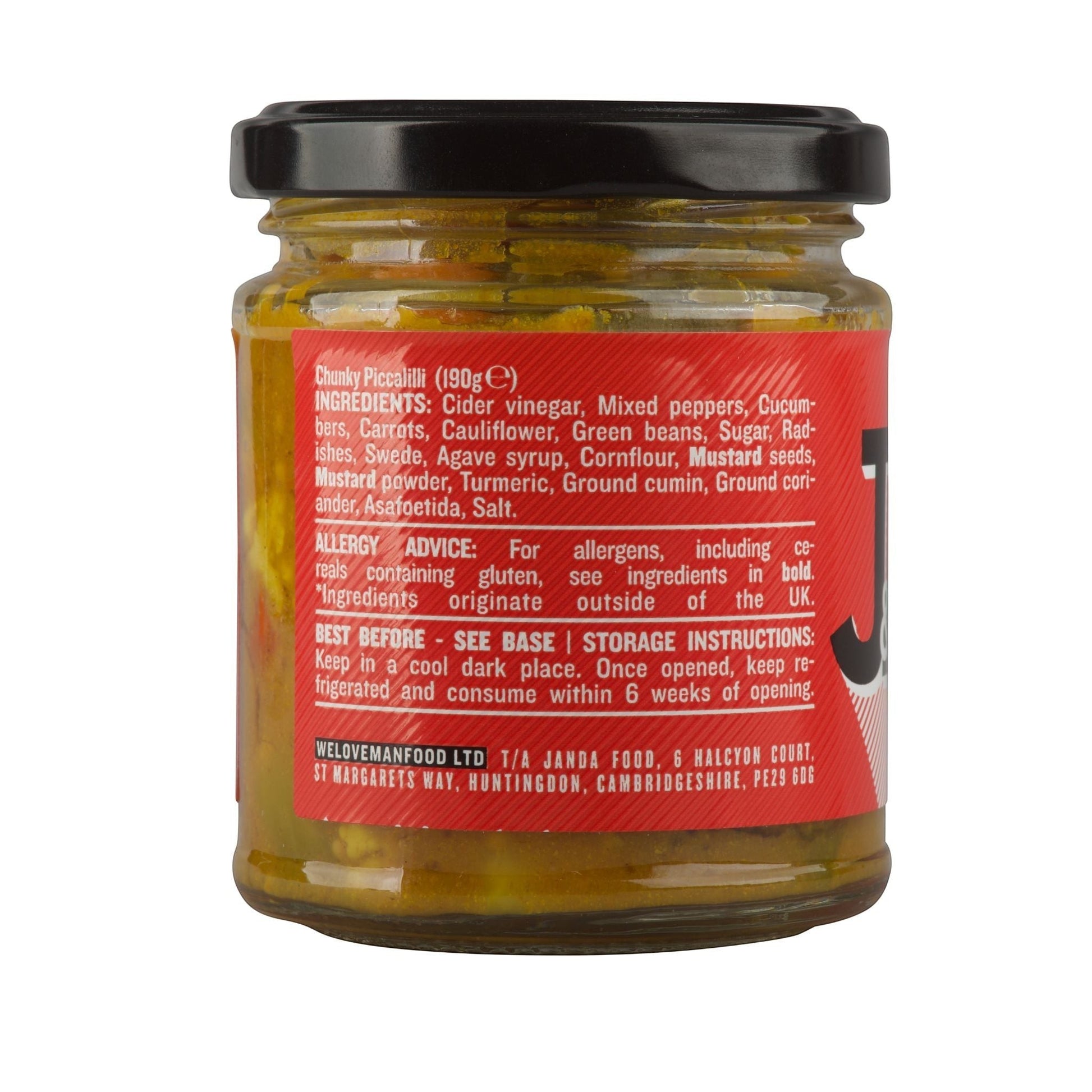 Janda Food Chunky Piccalilli jar showing ingredients list and nutritional information on a red label
