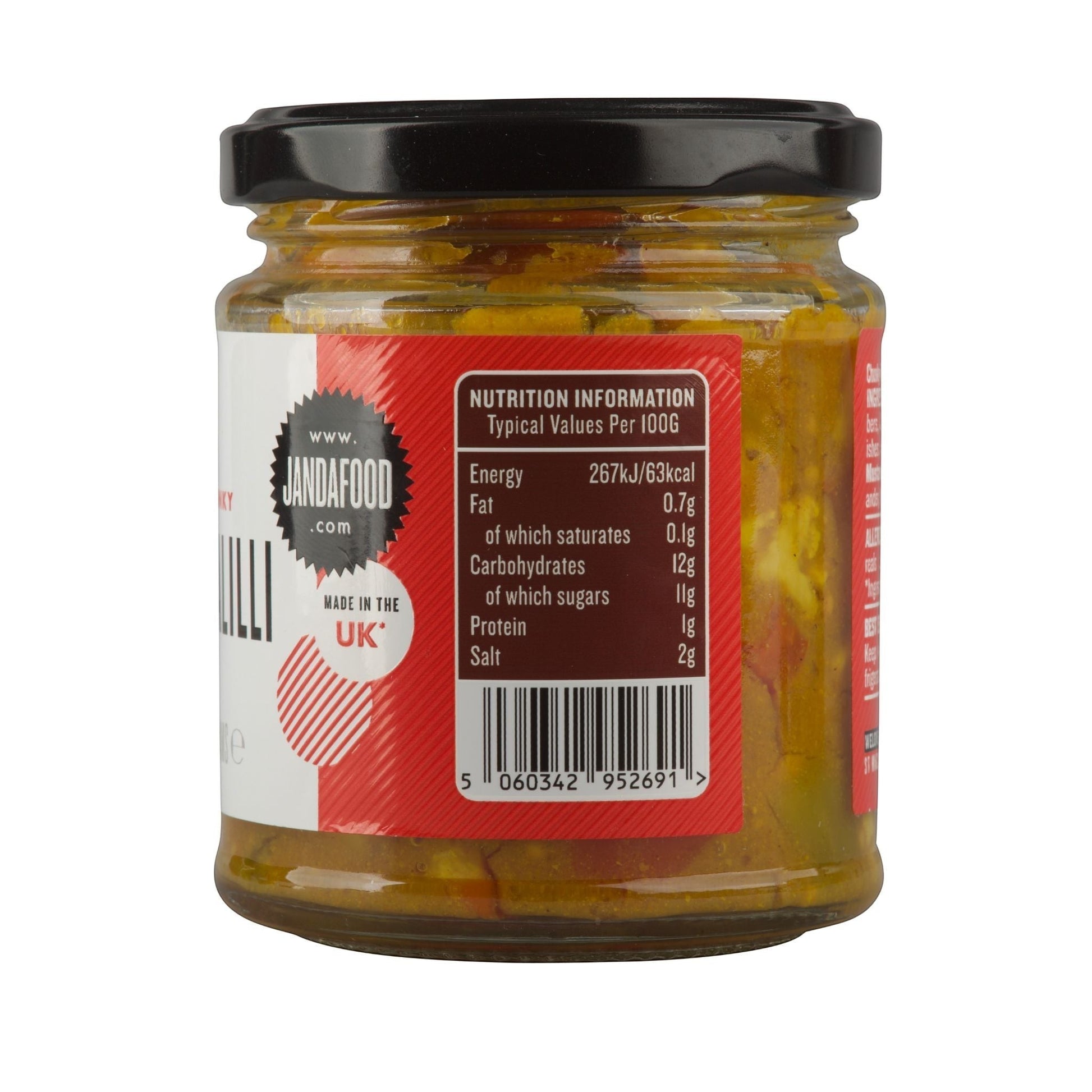 Janda Food Chunky Piccalilli jar showing the nutrition information label and barcode on a white background.