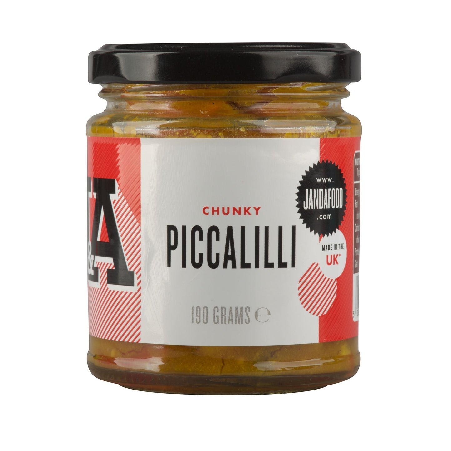 Janda Food Chunky Piccalilli in a glass jar with a black lid, featuring a vibrant vegetable relish label.