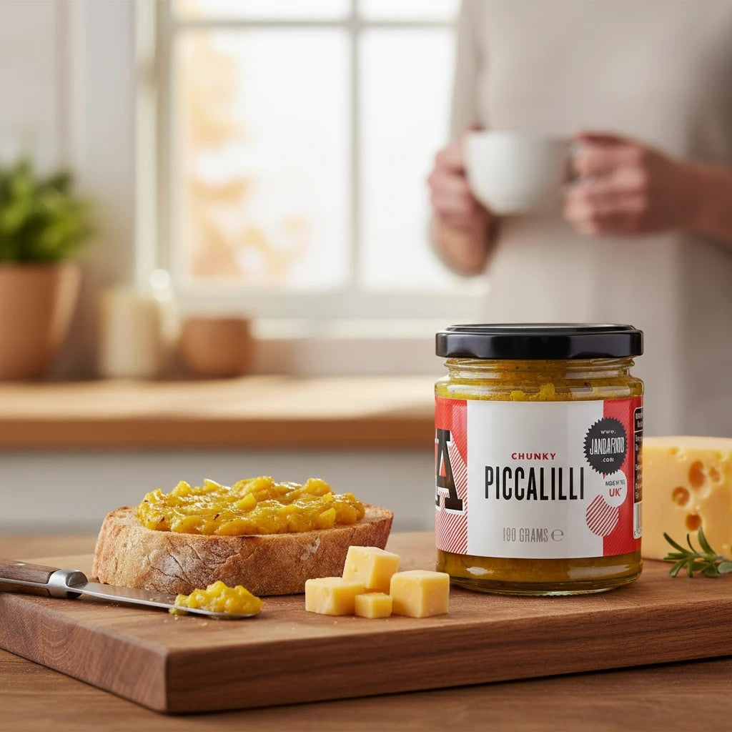 Janda Food Chunky Piccalilli relish in a glass jar served on a wooden board with cheese and toast in a kitchen.