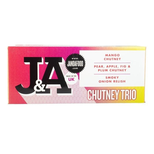 Janda Food Chutney Trio gift box featuring mango, fruit, and onion relish flavours in a vibrant gradient package.