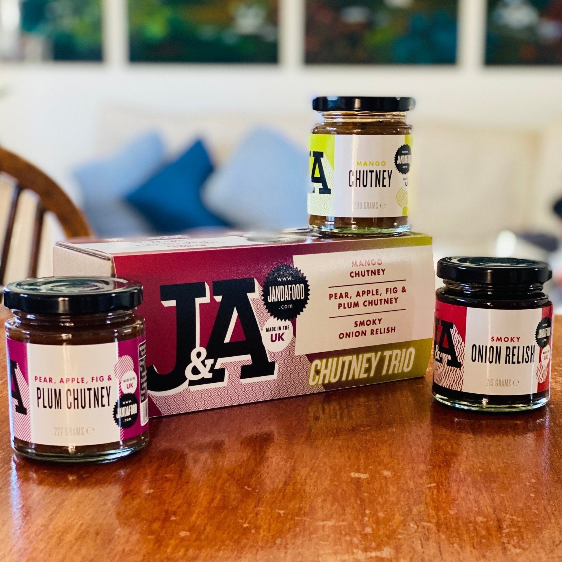 Janda Food Chutney Trio gift box featuring three artisanal jars of mango chutney, plum chutney, and smoky onion relish.