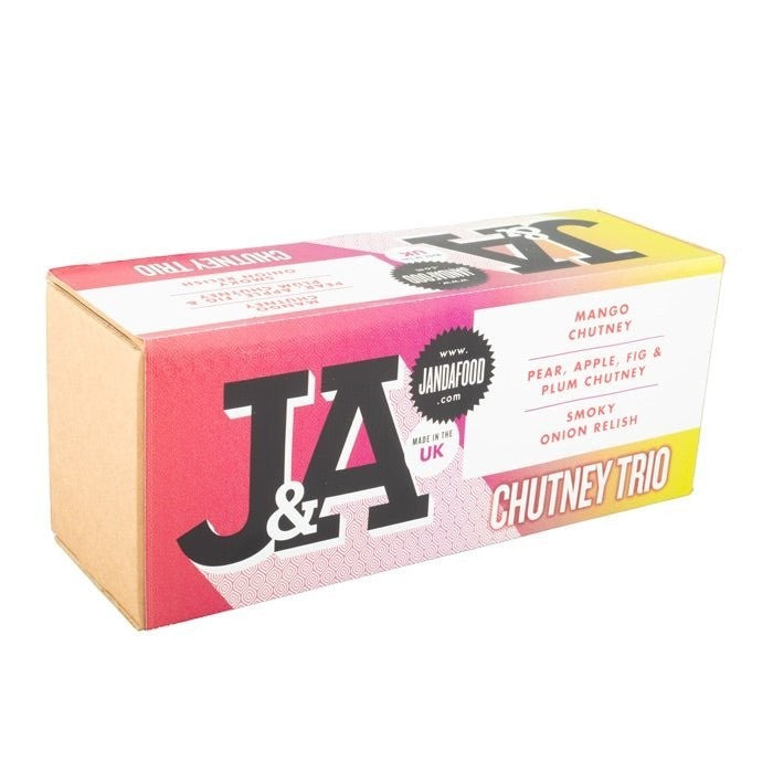 Janda Food Chutney Trio gift box featuring three artisanal vegan chutneys in a colorful branded cardboard package