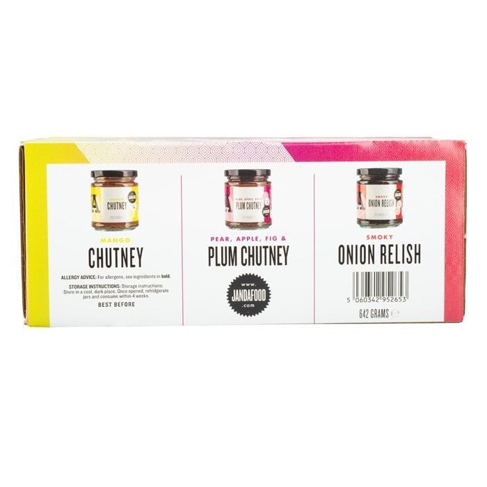 Janda Food Chutney Trio gift box featuring mango chutney, plum chutney, and smoky onion relish in glass jars.