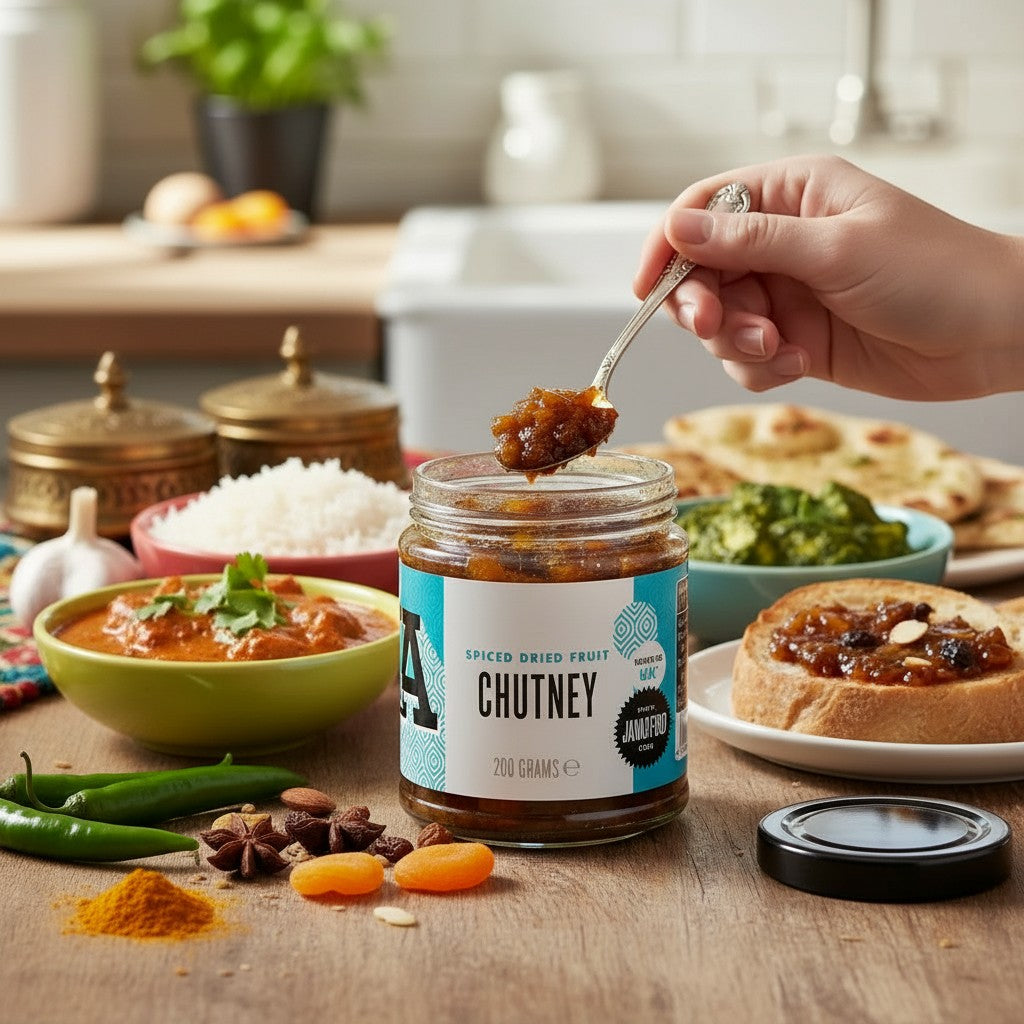 Janda Food dried fruit chutney in a glass jar with a spoon, served with Indian curry, rice, and naan on a table.