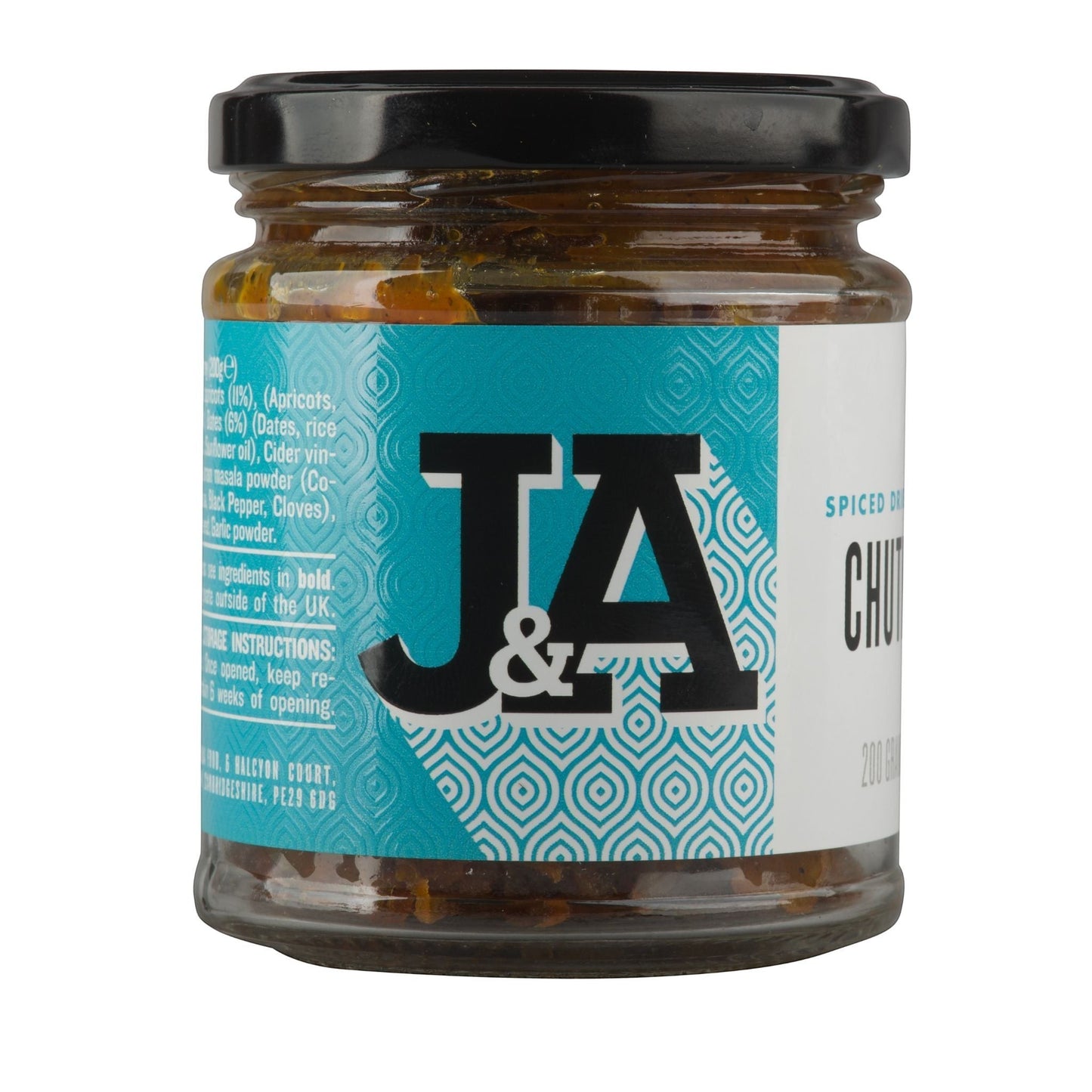 Janda Food dried fruit chutney in a glass jar with a teal and white label featuring apricots, dates, and spices.