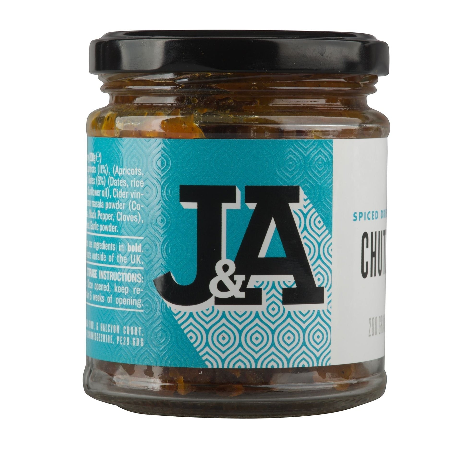 Janda Food dried fruit chutney in a glass jar with a teal and white label featuring apricots, dates, and spices.