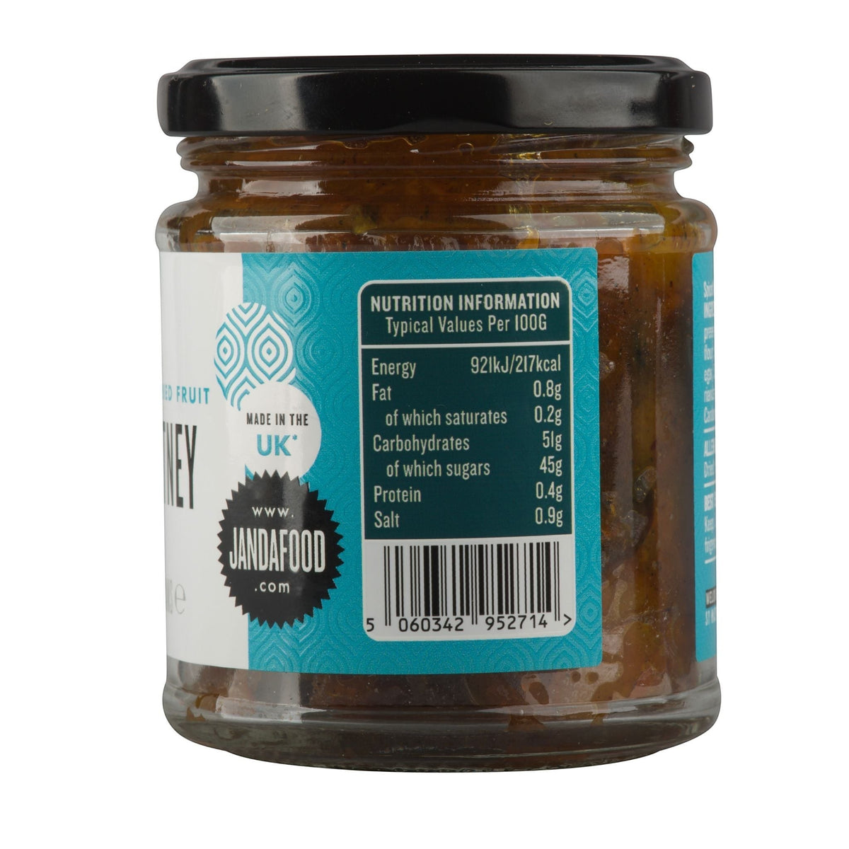 Janda Food dried fruit chutney in a glass jar with a black lid, showing the nutrition label and UK origin.