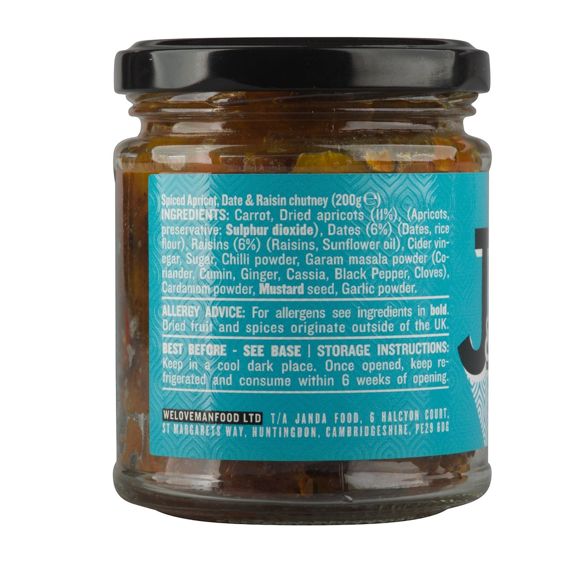 Janda Food dried fruit chutney jar showing ingredients label with apricot, date, and raisin details on a blue background