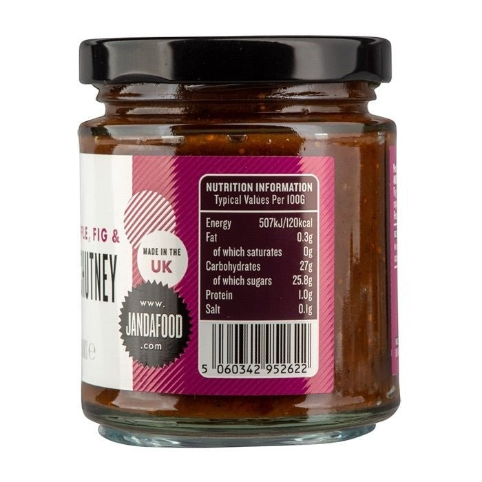 Janda Food pear, apple, fig and plum chutney jar showing nutrition information label and Made in the UK stamp